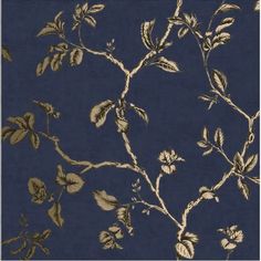 a blue and gold wallpaper with leaves on it