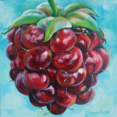 a painting of a bunch of cherries on a blue background