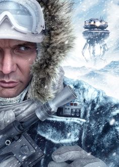 a man in winter gear holding a camera and looking at the camera with an alien background