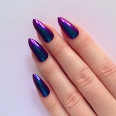 Cyan & Purple Chrome Stiletto nails Nail by prettylittlepolish, £11.99 Chrome Stiletto Nails, Holographic Nail Designs, Purple Chrome, Pointy Nails, Nails Stiletto, Purple Nail Designs, Her Nails, Super Nails, Holographic Nails