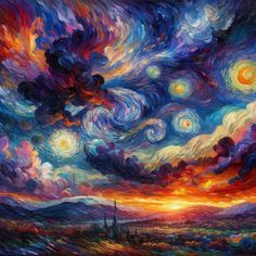 an oil painting of the night sky with clouds and stars