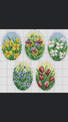 cross stitch pattern with four different flowers in the center and one flower on each side