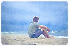 a watercolor painting of a man sitting on the beach looking out at the ocean