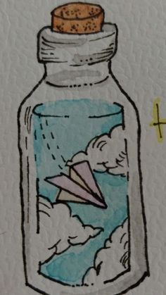 a drawing of a glass jar with a paper airplane inside