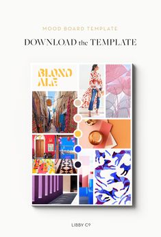 the cover of mood board template is shown with colorful images and text, including an image of