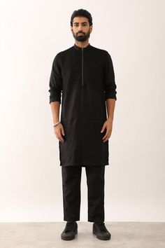 Black linen kurta with criss cross embroidered patterns. Comes with matching pant. - Aza Fashions Black Long Sleeve Cotton Silk Kurta, Black Cotton Silk Long Sleeve Kurta, Black Cotton Silk Fitted Kurta, Black Fitted Cotton Silk Kurta, Embroidered Patterns, Men Kurta, Kurta With Pants, Black Linen, Mandarin Collar