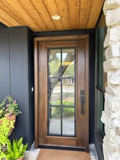 a wooden door with glass on the side of a house next to a potted plant