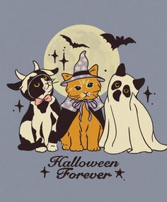 three cats and two dogs dressed up in halloween costumes, with the moon behind them