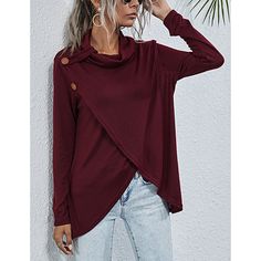 Wine Red Button Cowl Neck Asymmetric Hem Long Sleeve Tops Casual Asymmetrical Top With Button Closure, Casual Tops With Button Closure And Asymmetrical Hem, Red Asymmetrical Top For Fall, Tops Long Sleeve, Casual Sweater, Red Button, Sweaters Online, Casual Sweaters, Wine Red