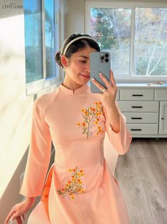 At Ao Dai by CuteSass, you will find the most stylish ao dai in wide size range and at reasonable prices. We are moving our ao dai collection from CuteSass here to provide you with the best experience. You can read our 5000+ reviews at: cutesass.etsy.com ❣️ This set includes one Ao Dai Top and Pants Style: Traditional Material: Tay Thi Silk Top, chiffon pants. Stretchy ❣️ This beautiful and modern ao dai set is perfect for any special occasions: Lunar NewYear, Mid Autumn Festival, Attending Wedd Fitted Embroidered Sets For Spring, Embroidered Fitted Sets For Spring, Embroidered Fitted Set For Spring, Fitted Embroidered Spring Sets, Peach Embroidery, Modern Ao Dai, Vietnamese Ao Dai, Chiffon Pants, Autumn Festival