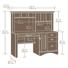 a drawing of a desk with drawers and shelves on it, measurements for each drawer