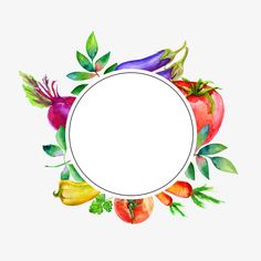 watercolor vegetables arranged in a circle on a white background with space for your text