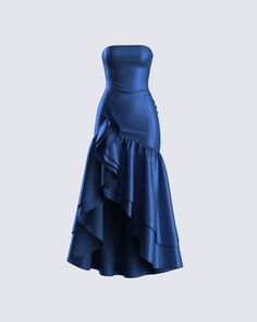 Leave them in awe when you walk in wearing this navy ruffle maxi dress 👑 Crafted from satin charmeuse fabric, and complete with a layered ruffle hem, a slit on the left leg, princess seams, and gripper tape along the top opening for an elegant and breathtaking look 💙 Very Formal Dresses, Cheap Winter Formal Dresses, Prom Dresses Timeless, Blue Dress For Homecoming, Black Dress With Blue Accessories, Paris Themed Dress, Mamma Mia Formal Dress, Long Blue Silk Dress, Dress Bottom Designs