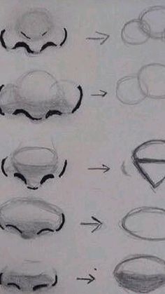 the steps to draw a cartoon character's head in different ways, including eyes and nose