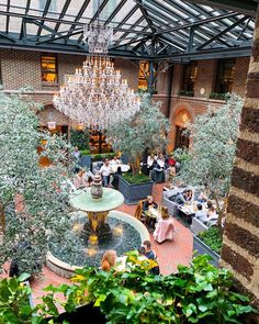 people are sitting at tables in an indoor dining area with chandelier and greenery