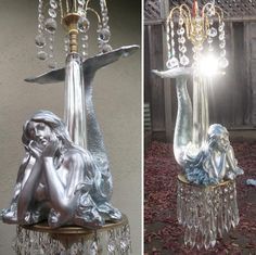 two pictures of a mermaid lamp with crystal beads hanging from it's sides and an image of a mermaid sitting on the base