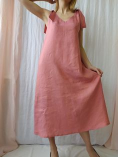 "Linen dress for women, it's elegant, minimalist, and is sure to compliment every occasion, from formal gatherings to outings with friends. Made from 100% European flax, length is ± 120 cm(47\") Before placing an order, check the approximate measurements given below. If you are unsure about your size or would like to adjust the length of the item, you could leave your personal measurements (height, bust, waist and hips) in a personalization box. SIZE and FIT Size XS Bust 85cm / Waist 66cm / Hips Linen Nightgown, Tie Strap Dress, Linen Dress Summer, Linen Sundress, Linen Tunic, Linen Maxi Dress, Women's Costumes, Linen Dresses, Linen Dress