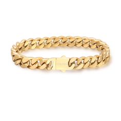 Miami Cuban Bracelet Gold is coated with 14k gold which makes it a perfect addition to anyone's bracelet collection. You can layer multiple bracelets for a cool look that enhances the style of your casual and formal outfits. This bracelet is comfortable to wear on a daily basis and has a metal clasp making for an easy getting on/off. You can get this piece as a perfect present for your homie on a special occasion or as a surprise gift. We know you’ll never want to take your Caligio bracelets off Trendy Cuban Link Gold Chain Bracelet, Trendy Gold Chain Cuban Link Bracelet, Trendy Gold Chain Bracelet With Cuban Link, Everyday Gold Bracelets With Curb Chain, Gold Curb Chain Bracelets For Everyday, Modern Gold Cuban Link Jubilee Bracelet, Trendy 14k Gold Bracelets, Trendy Gold Tarnish Resistant Bracelet, Trendy Gold Tarnish Resistant Bracelets