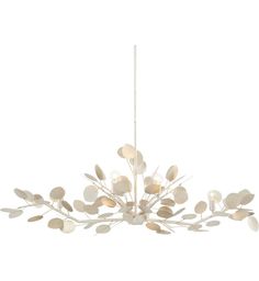 a white chandelier with leaves hanging from it