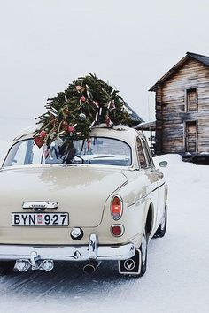 an old car with a christmas tree on the hood parked in front of a cabin