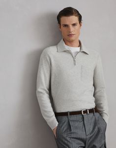 Cashmere diagonal rib sweater with half zip The sporty, casual feel of this polo-style sweater is elevated by the excellence of Brunello Cucinelli yarns. The diagonal rib knitting of the cashmere yarn creates a soft, compact hand, enhancing the garment’s regular volume. The sweater’s versatile style is defined by the shirt collar with zipper closure. Rib Knitting, Tuxedo T Shirt, Rib Knit Sweater, Rib Sweater, Cashmere Yarn, Sporty Casual, Ribbed Knit Sweater, Boutique Online, Shirt Skirt