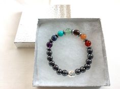 This Seven Chakra Energy bracelet includes authentic red jasper for the base chakra, carnelian for the sacral chakra, tiger eye for the solar plexus, green aventurine for the heart chakra, aquamarine for the throat chakra, lapis lazuli for the third eye and amethyst for the crown chakra. Activates and boosts your chakras to work in balance and greater power. Features a silver Buddha head charm and natural hematite 8mm beads for energy balance and protection. Anti-stress therapy. Available in thr Spiritual Silver Stretch Bracelet With Gemstone, Hematite Round Beads Bracelets For Healing, Hematite Beaded Bracelets With Natural Stones As Gift, Hematite Round Beads Bracelet For Healing, Hematite Bracelet With Polished Beads As Gift, Hematite Bracelets With Natural Stones For Gift, Adjustable Hematite Beaded Bracelets For Healing, Adjustable Hematite Crystal Bracelet For Spiritual Use, Adjustable Hematite Crystal Bracelet For Spiritual Healing