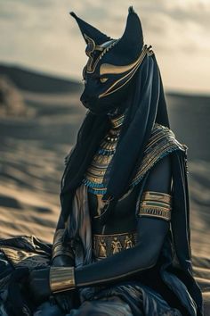 an egyptian woman sitting in the desert with her head turned to look like she's wearing