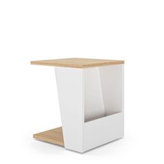 the side table is white and has a wooden shelf on it, with an open drawer in