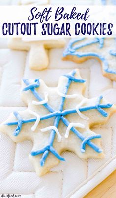 soft baked cutout sugar cookies with blue and white icing