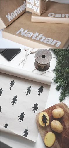 there are many different types of wrapping paper on the table and in front of each other