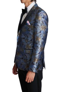 Stand out from the crowd at your next event with this navy and gold tuxedo jacket. Accented with a floral print, this unique tus jacket pairs with our slim-fit tuxedo pants for a red carpet-ready look.PRODUCT DETAILS: style 6193J slim fitting 1 button jacket peak lapel complimentary pocket square side vents 100% Polyester dry clean only imported Gold Tuxedo Jacket, Gold Tuxedo, Slim Fit Tuxedo, Spring Suit, Formal Accessories, Red Carpet Ready, Tuxedo Pants, Formal Pants, Peak Lapel