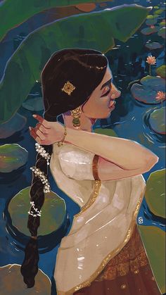 a painting of a woman standing in the water with her arm around her neck, wearing a white sari and gold jewelry