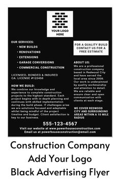 an advertisement for construction company ad your logo black advertising flyer with white text on it