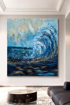 Original handmade acrylic painting of a large crashing ocean wave with vibrant blue colors and textured details Coastal Sunset, Ocean Waves Painting, Sunset Artwork, Room Artwork, Ocean Landscape, Seascape Art, Wave Painting, Living Room Canvas, Ocean Wall Art