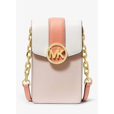 New With Tags 100% Authentic Michael Kors Carmen Small Color-Block North South Phone Crossbody Bag Powder Blush Multi With Gold Tone Hardware Faux Saffiano Leather With 100% Polyuretane Trim 88.92% Coated Canvas / 11.08% Polyester Adjustable Long Strap With Chain, 23" Drop Exterior Back Open Pocket Snap Closure Interior: 3 Credit Card Slots, 100% Polyester Lining Length: 4 1/4" Height: 7" Depth: 1 1/4" White Crossbody Shoulder Bag With Metal Logo, Chic White Shoulder Bag With Metal Logo, White Rectangular Bag With Metal Logo, Everyday Pink Shoulder Bag With Metal Logo, Pink Crossbody Shoulder Bag With Metal Logo, Pink Shoulder Bag With Metal Logo For Everyday, Pink Crossbody Bag With Metal Logo, Chic White Bag With Metal Logo, Pink Rectangular Bag With Metal Logo