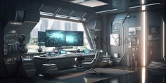 a computer desk with two monitors and speakers in a room that looks like a sci - fi space station