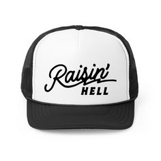 Introducing the Raisin' Hell Trucker Hat, the perfect accessory for country concert goers. With a vintage snapback cap design, this hat adds a cool retro touch to any streetwear look. Embrace your inner western style with this versatile and stylish accessory. Trucker Style Snapback Baseball Cap For Country Events, Vintage Rodeo Baseball Cap With Curved Brim, Spring Trucker Hat With Flat Brim, Vintage Curved Brim Baseball Cap For Rodeo, Flat Brim Baseball Cap For Country Events, Retro Snapback Hat For Outdoor Use In Spring, Retro Snapback Hat For Spring Outdoor Activities, Retro Snapback Hat For Spring Outdoor, Retro Snapback Hat For Outdoor Spring Events