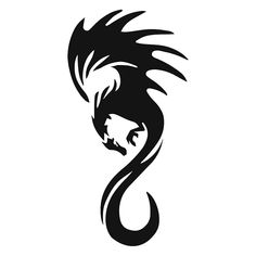 a black and white silhouette of a dragon with its tail curled up to the side