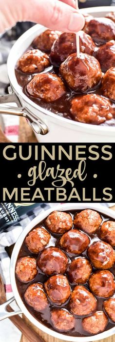 a close up of meatballs in a pan with sauce on top and text overlay reading guinness glazed meatballs