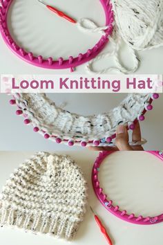 the loom knitting hat is ready to be made with yarn and plastic beads on it