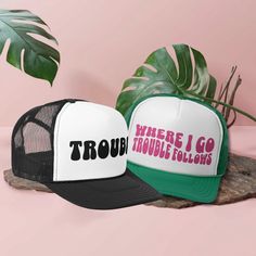 The perfect honeymoon gift! Add some fun to your everyday style with our "Where I Go Trouble Follows" and "Trouble" couple matching trucker hats!  ♥ Product details: .: Sold separately .: Material: 100% polyester foam front with 100% nylon mesh weave back .: One size fits most (22.8"/58cm) .: Adjustable snap closure ♥ Shipping: A tracking number will be sent upon shipment and details regarding your shipping date can be viewed on your "Purchases" page. ♥ Visit the rest of the shop for more hats h Hats For Bfs, Couples Fitted Hats, Matching Lid Hats, Couples Face Masks Goals, Honeymoon Couple, Gifts Couple, Perfect Honeymoon, Honeymoon Gift, Matching Hats