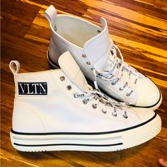 Valentino Garavani Womens White Black High Top Logo Sneakers Size 42 11 Excellent Condition! Worn Twice White High-top Sneakers With Logo Detail, Valentino High Top Sneakers, Valentino Garavani Shoes, Black High Tops, Valentino Garavani, High Top, Womens Shoes Sneakers, High Tops, White Black