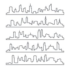 a line drawing of city skylines in different sizes and colors, each with their own name