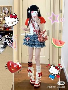 Hello Kitty Inspo Outfit, Kawaii Halloween Outfit, Decora Aesthetic Outfits, Hello Kitty Y2k Outfit, Sanrio Outfit Ideas, Hello Kitty Aesthetic Outfit, Hello Kitty Inspired Outfits, Hello Kitty Outfit Ideas, Cute Outfits Kawaii