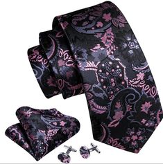 Want to elevate your style with sophistication and flair? Introducing our Men's Black Pink Silk Necktie Pocket Square Set - a captivating ensemble designed to make heads turn. It includes a luxurious silk necktie, a woven pocket square, and sleek cufflinks, all elegantly packaged to ensure their safety. With its dimensions perfectly tailored for a variety of dress shirts and suit tuxedos, this set exudes refinement. Crafted from high-quality silk using Jacquard woven craft, each piece boasts a h Luxury Tailored Ties For Wedding, Luxury Elegant Suits With Pocket Square, Luxury Tailored Suit And Tie Accessories For Wedding, Luxury Silk Suit And Tie Accessories For Formal Occasion, Luxury Elegant Suit And Tie Accessories With Pocket Square, Luxury Tailored Silk Suit And Tie Accessories, Necktie Set, Fathers Day Sale, Cufflink Set