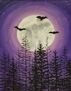 two bats flying in front of a full moon with trees on the foreground and purple sky