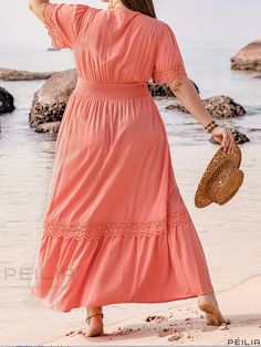 Peilia - Womens Plus Size Casual Dress: Solid Contrast Lace Short Sleeve Button Up Keyhole Tie Maxi Smock Dress Solid Beach Dress With Button Closure, Pink Buttoned Maxi Dress For Vacation, Pink Maxi Dress With Buttons For Beach, Pink Beach Maxi Dress With Buttons, Short Sleeve Smock Maxi Dress For Beach, Plus Size Casual Dress, Fleece Dress, Lace Short, Plus Size Maxi