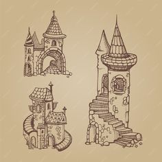 three different types of castles drawn in ink on brown paper, each one has a tower and