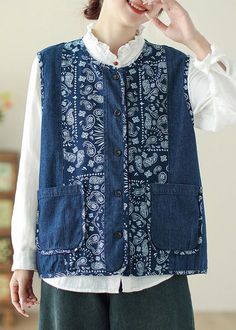 Blue Denim Vest With Buttons For Fall, Blue Cotton Vest For Fall, Blue Cotton Vest With Buttons, Blue Cotton Vest With Pockets, Blue Patchwork Denim Vest For Fall, Fall Blue Patchwork Denim Vest, Fall Blue Denim Patchwork Vest, Blue Relaxed Fit Denim Vest For Fall, Blue Cotton Vest For Spring