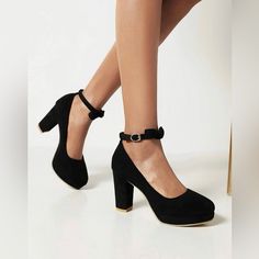 Brand New! Chunky Heeled Ankle Strap Pumps. Size: 7.5 Foot Length: 9.6 Inch Heel Height: 3.3 Inch #Shoes #Boots #Heels #Pumps #Sandals #Sneakers #Slipons #Slipon #Slides #Flats #Platform #Booties #Overtheknee #Fashion #Style #Slippers #Love #Shopping #Moda #Ootd #Outfit #Fashionstyle #Shoesforsale #Shoeslover #Cute #Sneaker #Kicks #Shoestyle #Leather #Highheels #Stilettos #Bootseason #Blackboots #Winter #Summer #Spring #Fall #Footwear #Outfit #Wedges #Black #Flipflops #Feet #Beach #Party #Birthd Black Block Heels For Fall Party, Black Block Heels For Party, Fitted, Black Fitted Block Heels For Party, Fitted Black Block Heels For Party, Black Round Toe Block Heels, Footwear Outfit, Fall Footwear, Shoes Boots Heels, 6 Inch Heels